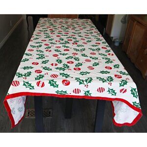 Vintage Christmas Tablecloth Table Cloth Rectangular Holly Leaves & Berries